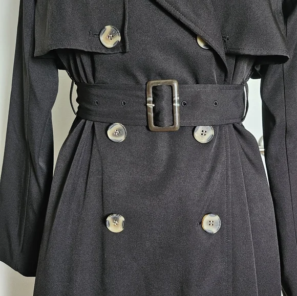 Resexxy Gyaru Black Trench Coat Pleated Lace Panel Sides Tortoise Shell Buttons - Picture 12 of 14